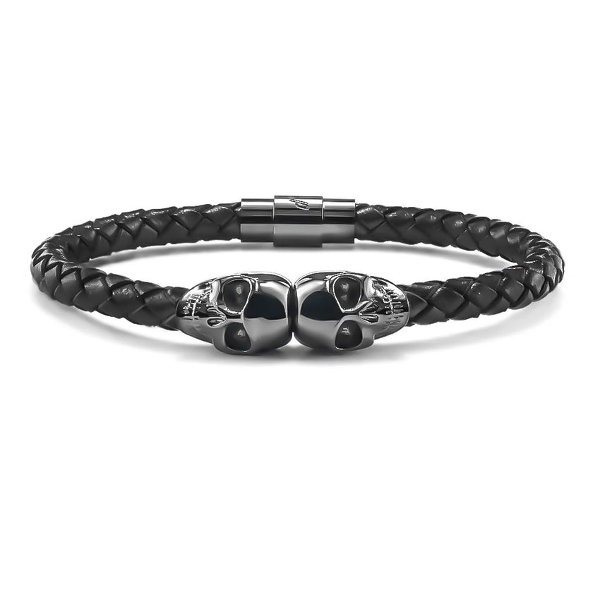 Bracelet en cuir noir avec tête de mort SkeletonHD