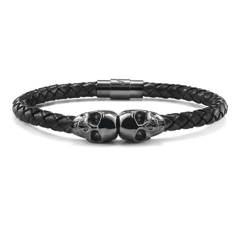 Bracelet en cuir noir avec tête de mort SkeletonHD