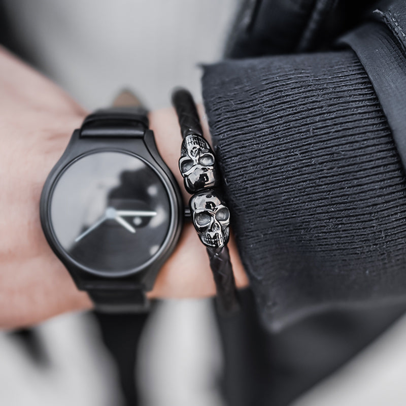 Bracelet en cuir noir avec tête de mort SkeletonHD
