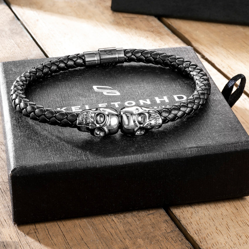 Bracelet en cuir noir avec tête de mort SkeletonHD