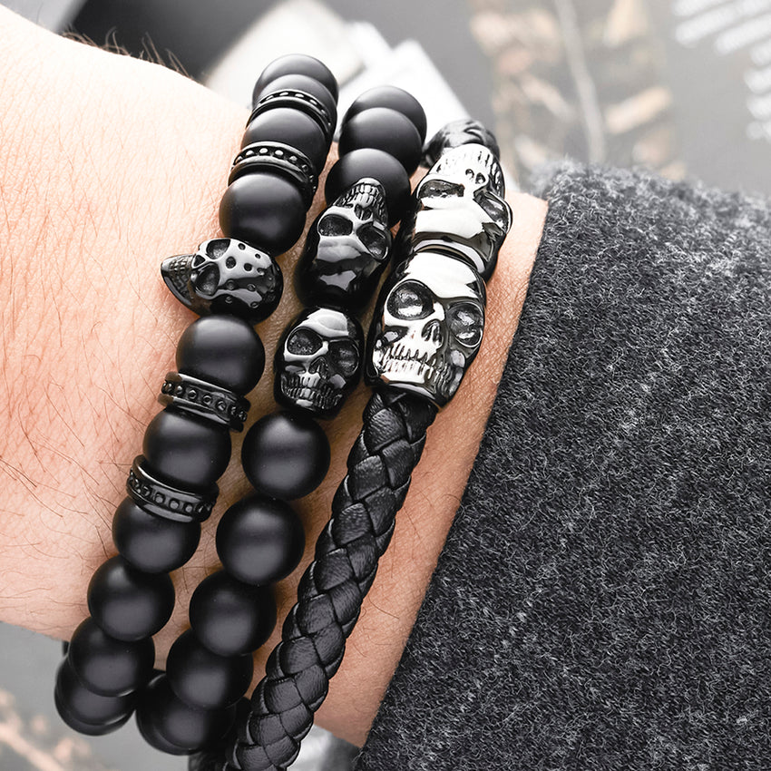 Bracelet en cuir noir avec tête de mort SkeletonHD