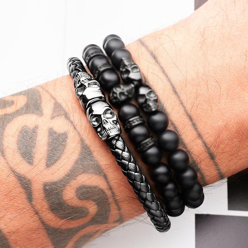 Bracelet en cuir noir avec tête de mort SkeletonHD