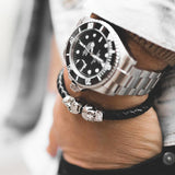 Bracelet double tête de mort en cuir véritable et argent