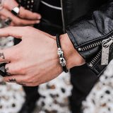 Bracelet double tête de mort en cuir véritable et argent