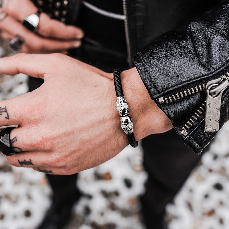 Genuine Leather Silver Twin Skull Bracelet for Men - SkeletonHD Medium ( 7.5 - 8.5 )