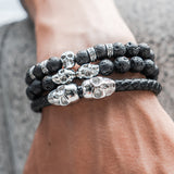 Bracelet double tête de mort en cuir véritable et argent