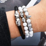 Bracelet double tête de mort en cuir véritable et argent