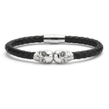 Bracelet double tête de mort en cuir véritable et argent
