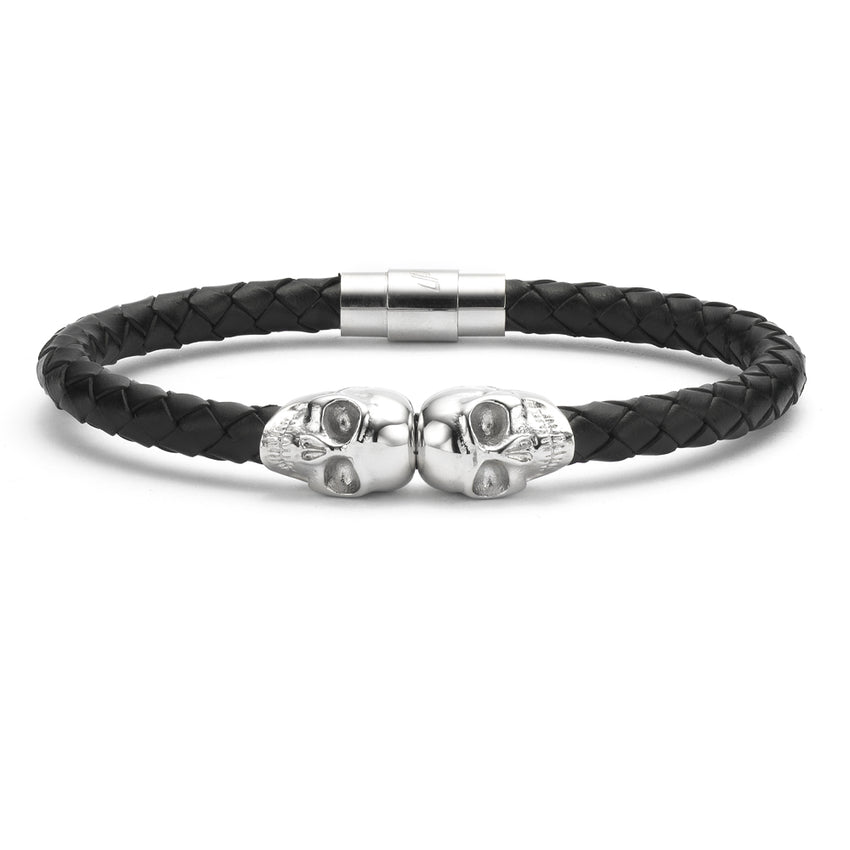 Genuine Leather Silver Twin Skull Bracelet for Men - SkeletonHD Medium ( 7.5 - 8.5 )